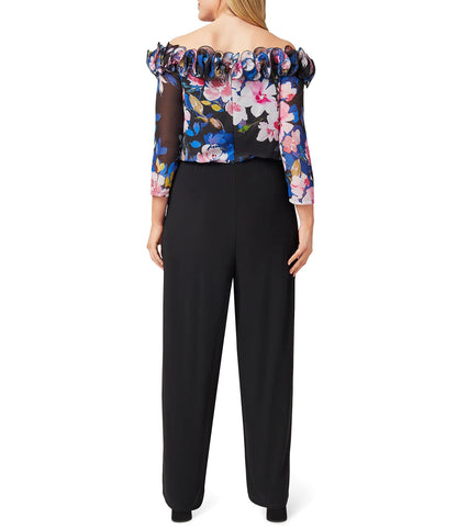 Adrianna Papell Off Shoulder Ruffled Neck 3/4 Sleeve Floral Print Bodice Zipper Back with Stretch Jersey Pants (Plus Size) - Wholesale  - BLACK MULTI - Back 