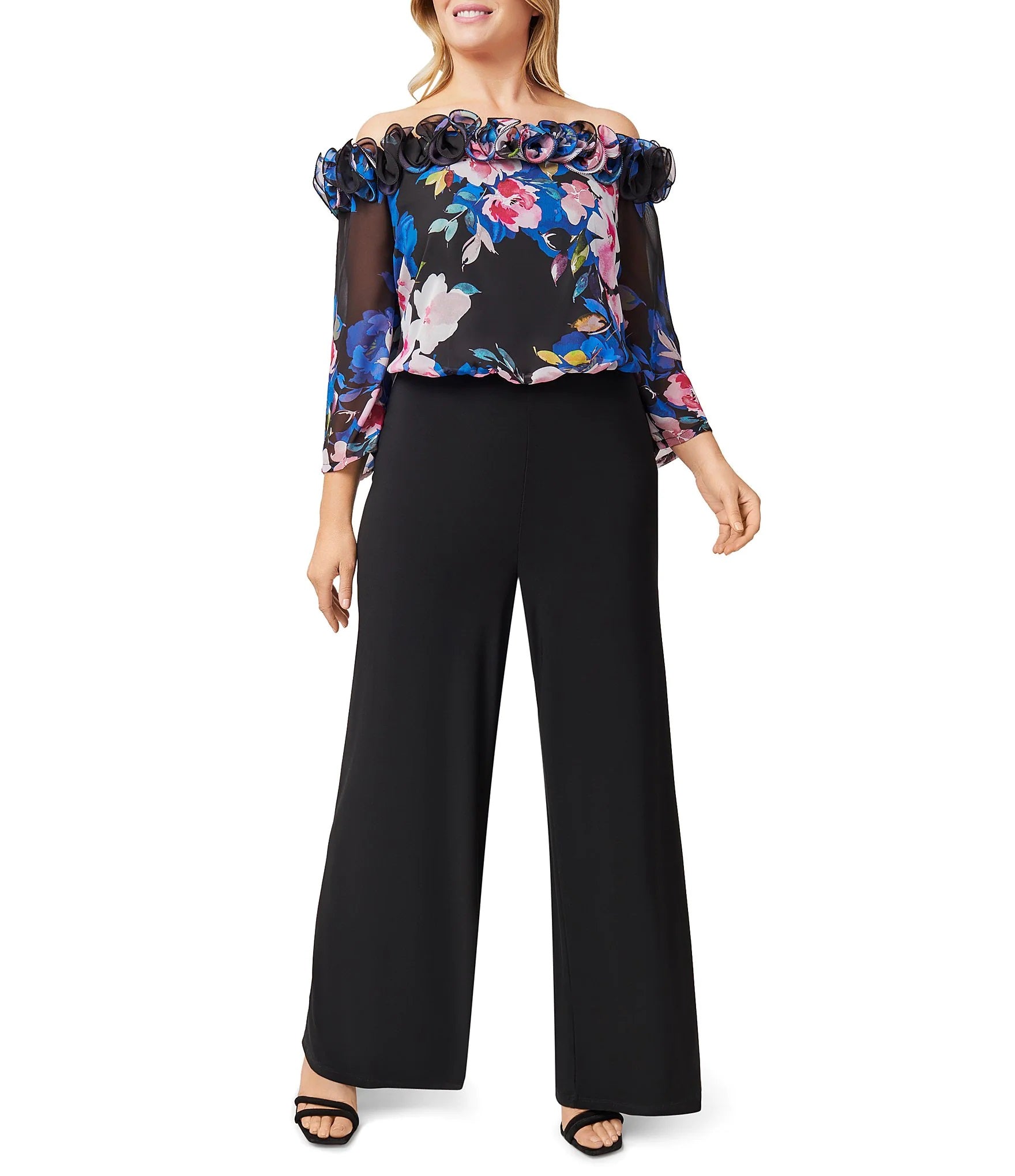 Adrianna Papell Off Shoulder Ruffled Neck 3/4 Sleeve Floral Print Bodice Zipper Back with Stretch Jersey Pants (Plus Size) - Wholesale  - BLACK MULTI - Front 