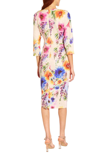 Adrianna Papell Floral Print Tie Front Midi Sheath Dress - Wholesale - PRALINE MULTI - Back