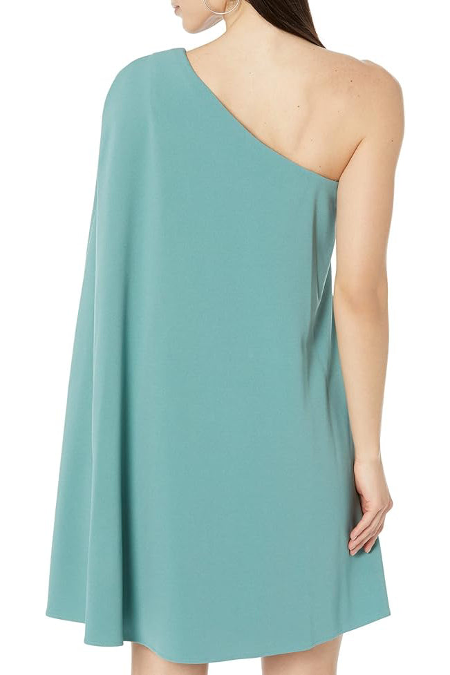 Adrianna Paprell Stretch Crepe One Shoulder Sheath Dress with Cape Detail - GREEN SLATE - BACK 