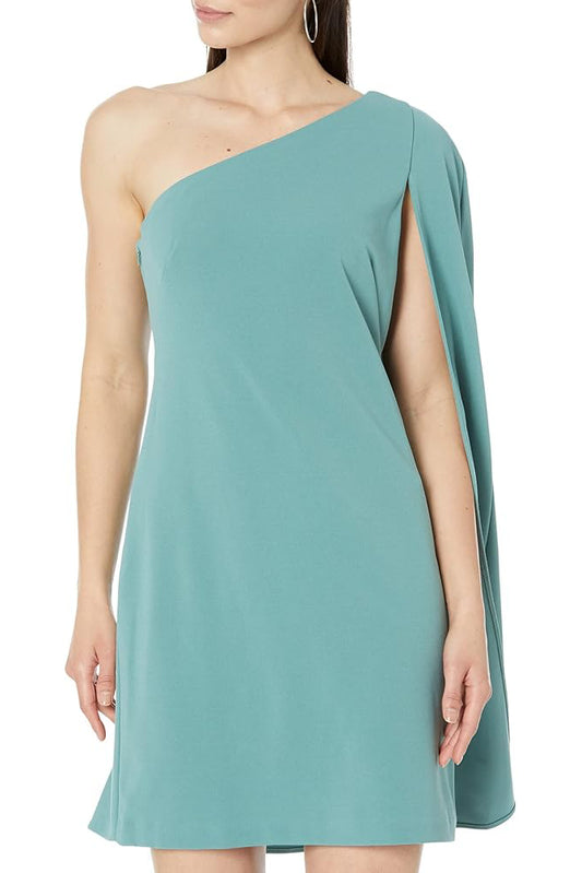 Adrianna Paprell Stretch Crepe One Shoulder Sheath Dress with Cape Detail - GREEN SLATE - FRONT 