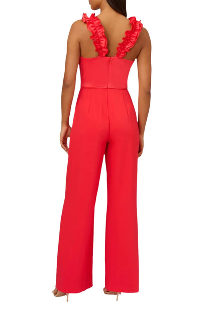 Adrianna Papell V-Neck Ruffled Shoulder Sleeveless Zipper Back Solid Satin Crepe Jumpsuit - Wholesale - CALYPSO CORAL - Back 