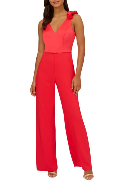 Adrianna Papell V-Neck Ruffled Shoulder Sleeveless Zipper Back Solid Satin Crepe Jumpsuit - Wholesale - CALYPSO CORAL - Front 