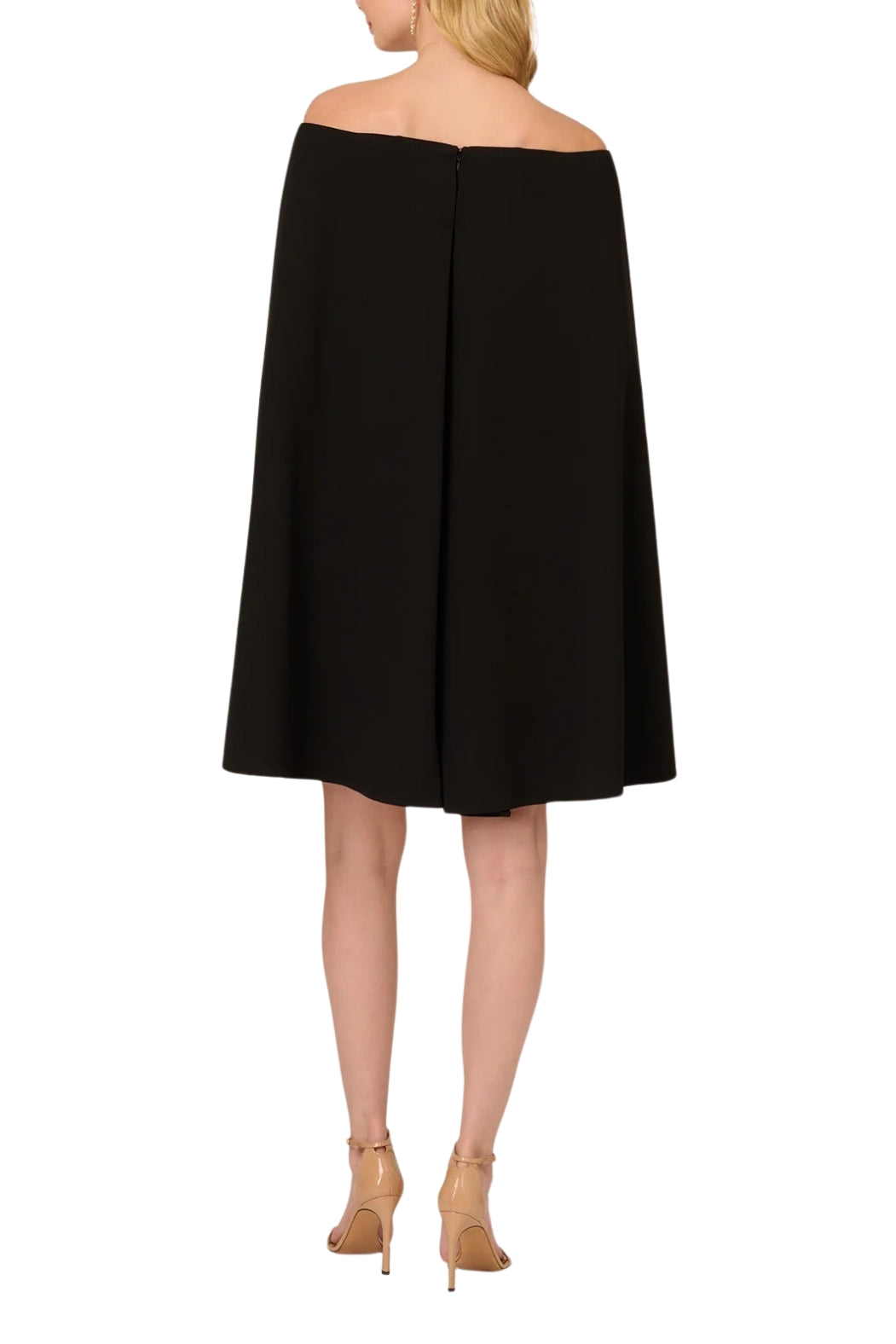 Adrianna Papell Off Shoulder Cape Sheath Crepe Dress - BLACK - Back