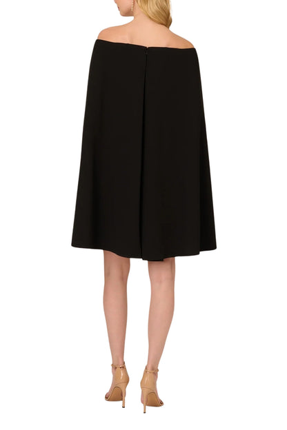 Adrianna Papell Off Shoulder Cape Sheath Crepe Dress - BLACK - Back