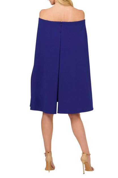 Adrianna Papell Off Shoulder Cape Sheath Crepe Dress - DARK BLUE VIOLET - Back