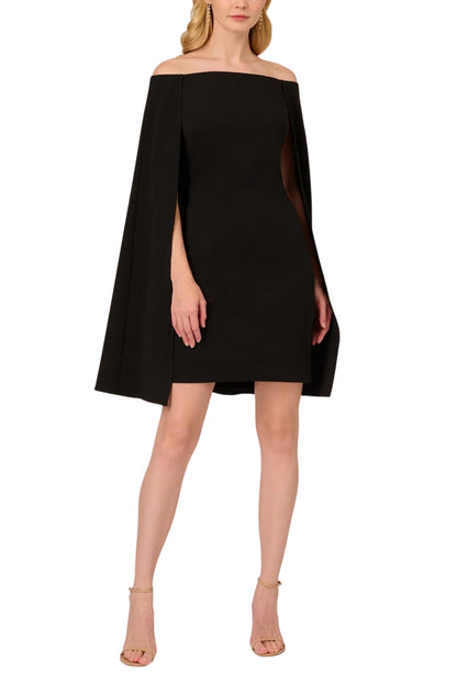 Adrianna Papell Off Shoulder Cape Sheath Crepe Dress - BLACK - Front