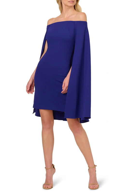Adrianna Papell Off Shoulder Cape Sheath Crepe Dress - DARK BLUE VIOLET - Front