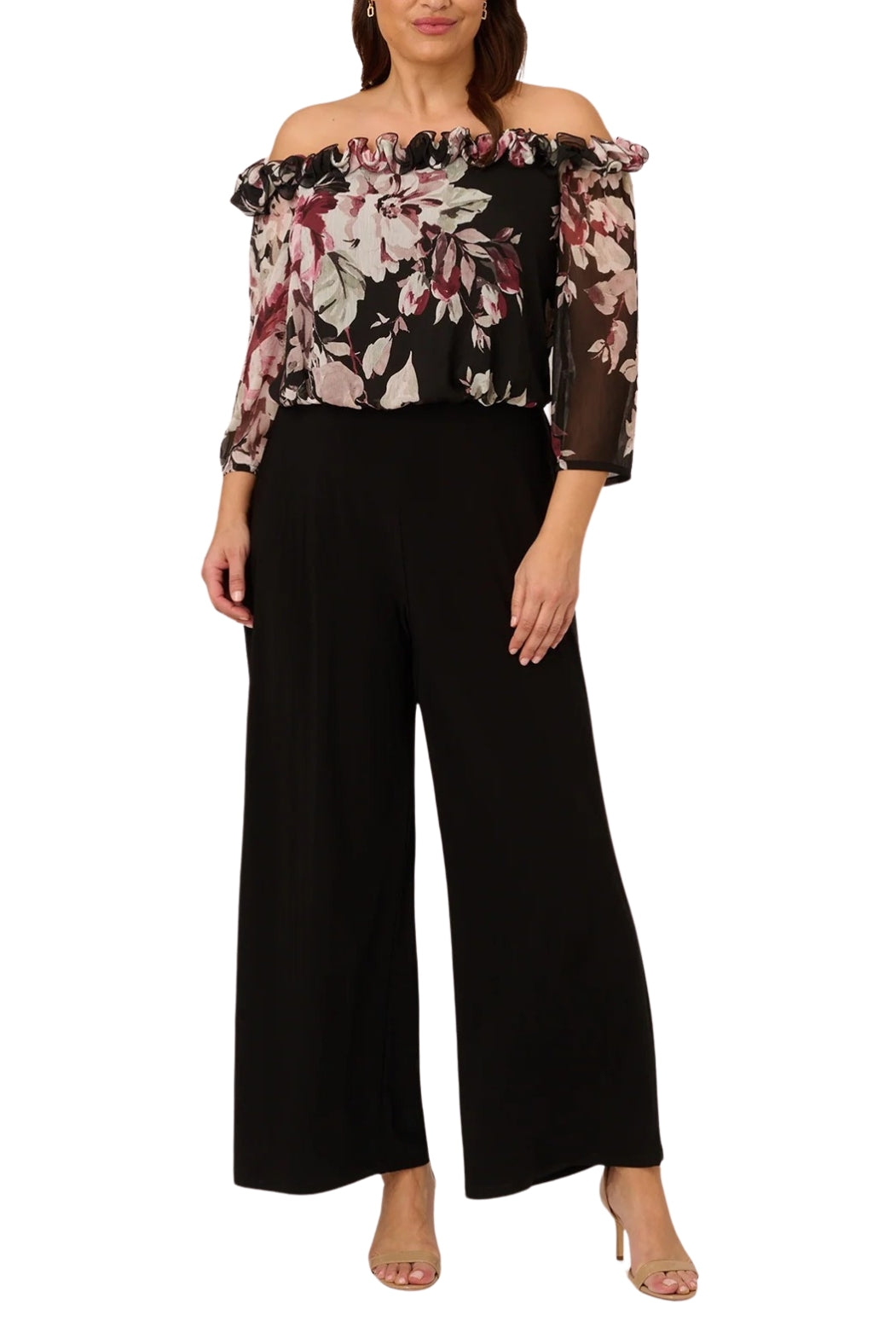 Adrianna Papell Plus Size Off The Shoulder Jersey Jumpsuit - BLACK MULTI - Front 