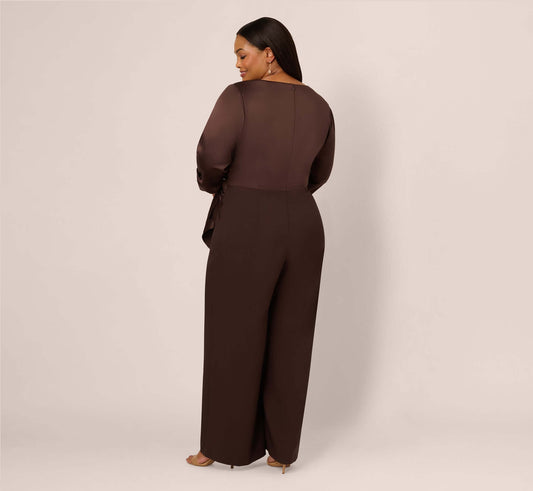 Dark Brown Halter Neck Full-Length Satin Crepe Jumpsuit with Buckle Waist Plus Size Adrianna Papell AP1D105207 Juliet
