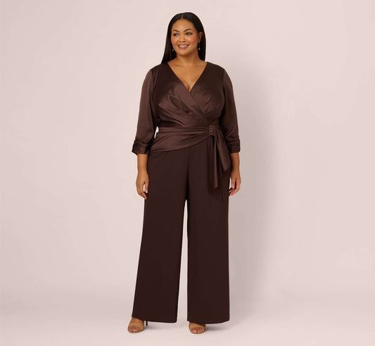 Dark Brown Halter Neck Full-Length Satin Crepe Jumpsuit with Buckle Waist Plus Size Adrianna Papell AP1D105207 Juliet