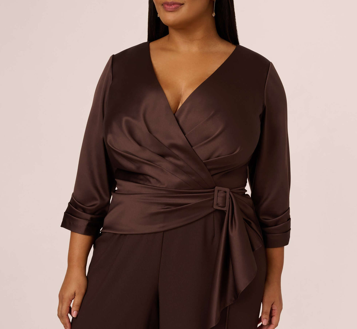 Dark Brown Halter Neck Full-Length Satin Crepe Jumpsuit with Buckle Waist Plus Size Adrianna Papell AP1D105207 Juliet