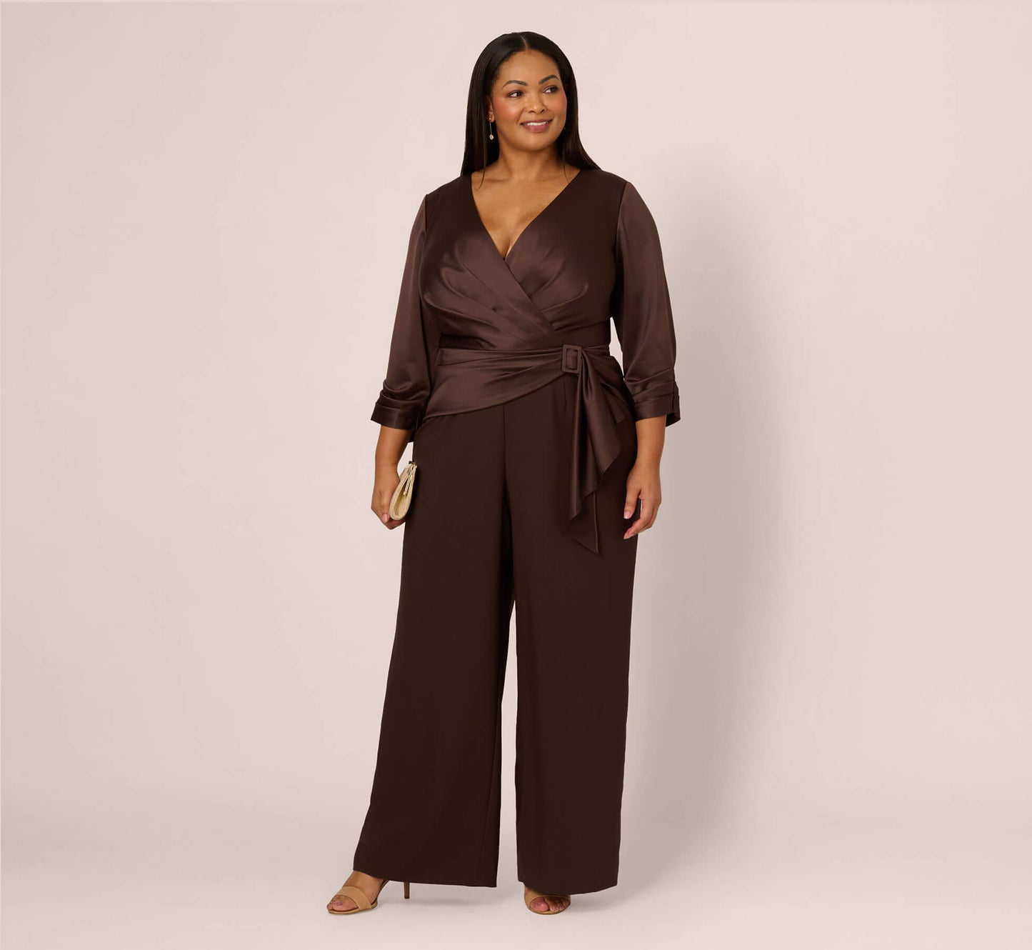 Dark Brown Halter Neck Full-Length Satin Crepe Jumpsuit with Buckle Waist Plus Size Adrianna Papell AP1D105207 Juliet