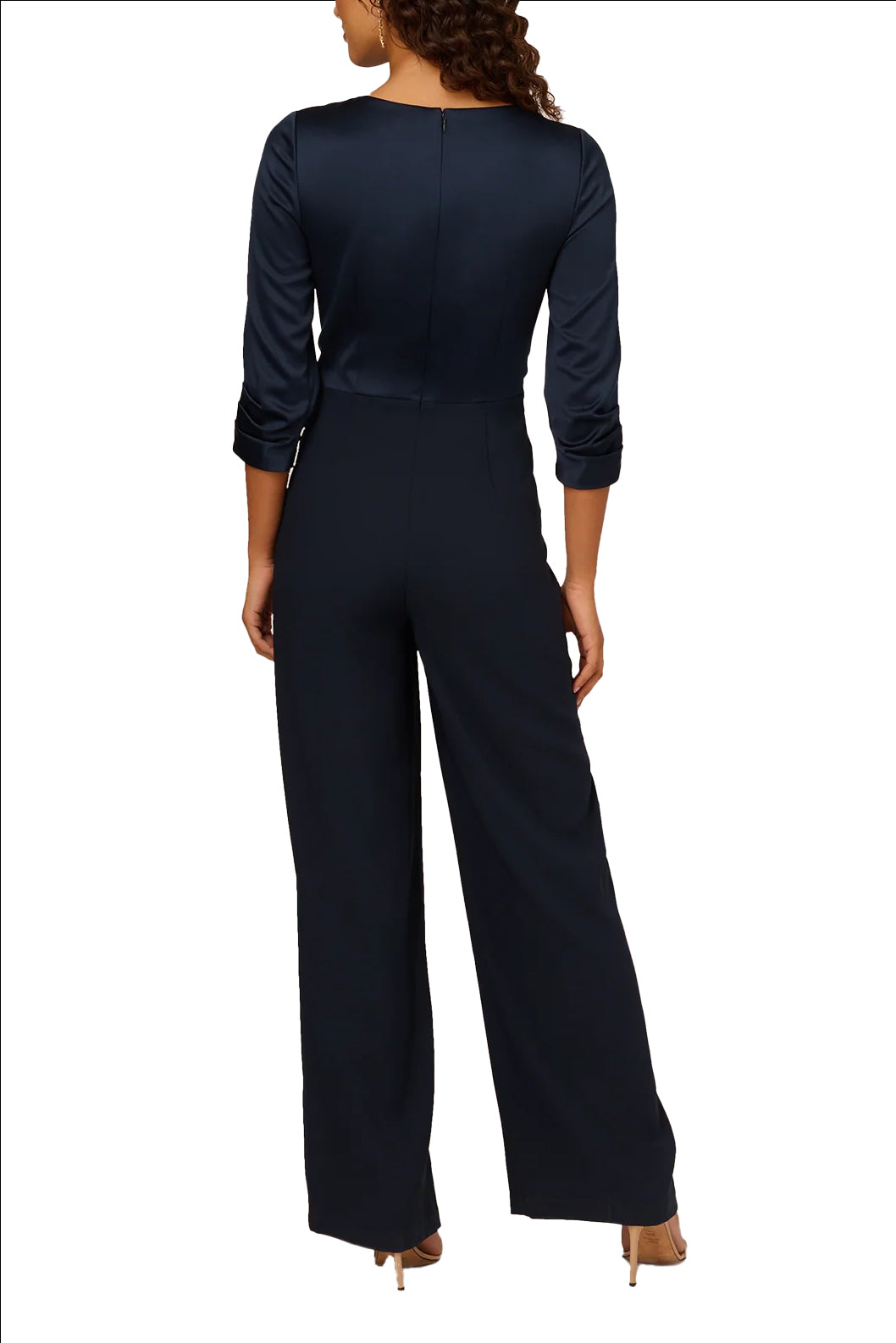 Adrianna Papell Belted Wide Leg Satin Crepe Jumpsuit - DARK NAVY - BACK 