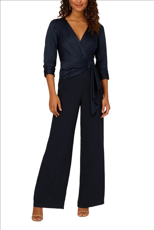 Adrianna Papell Belted Wide Leg Satin Crepe Jumpsuit - DARK NAVY - FRONT 