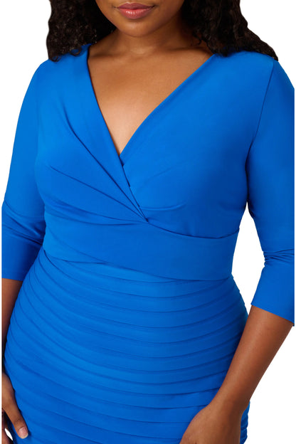 Adrianna Papell Jersey Sheath V Neck 3/4 Sleeve Banded Stretch Dress - COOL COBALT - Front View