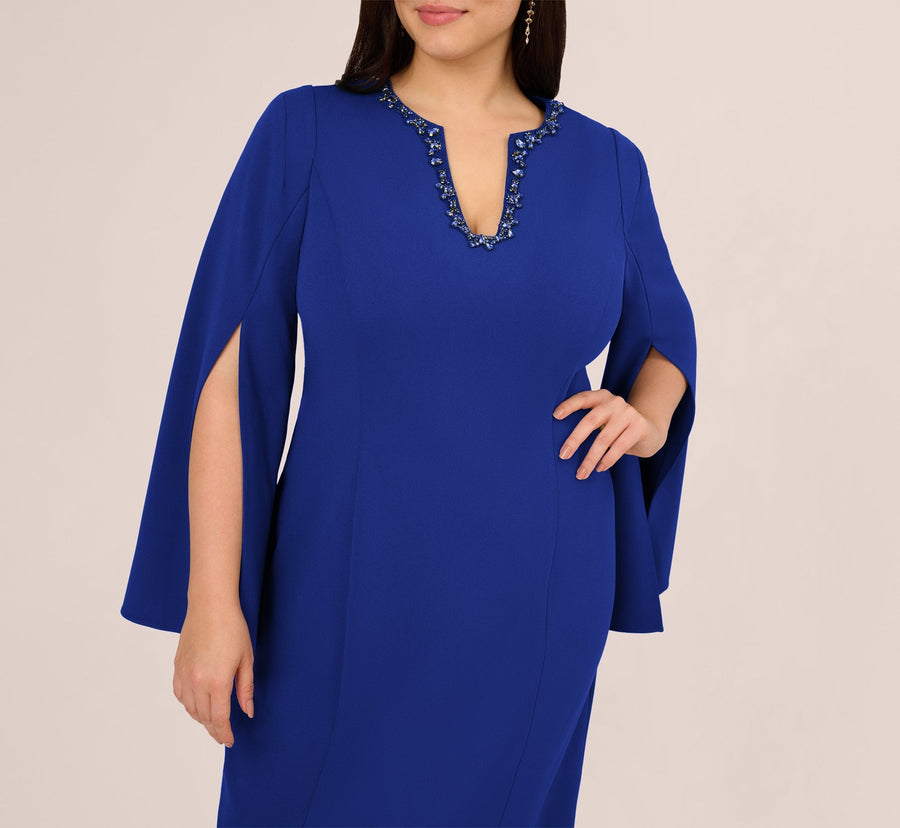 Royal Sapphire Adrianna Papell AP1D105577 V Neck Short Crepe Beaded Cocktail Dress