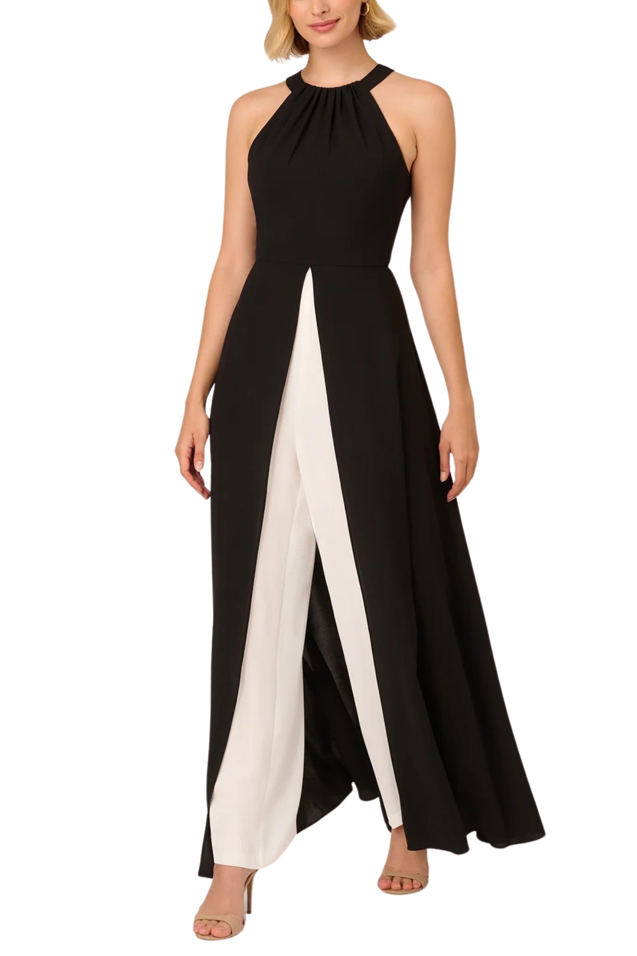 Adrianna Papell Halter Crepe Overlay Wide Leg Jumpsuit - BLACK IVORY - Front 