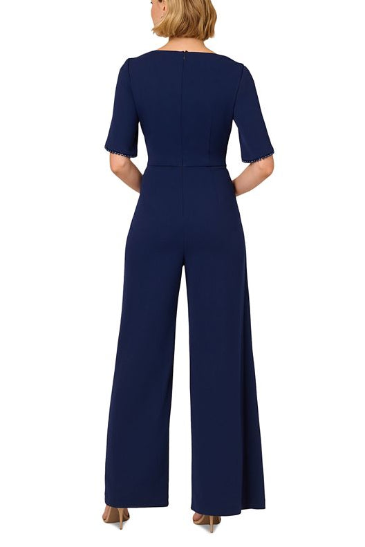 Adrianna Papell Pearl Trim Tulip-Sleeve Draped Jumpsuit - NAVY SATEEN - BACK