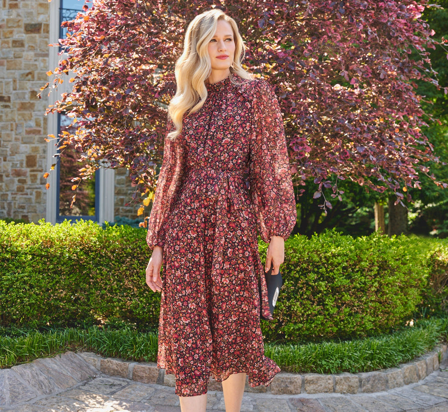Long Sleeve Ditsy Floral Chiffon Midi Dress