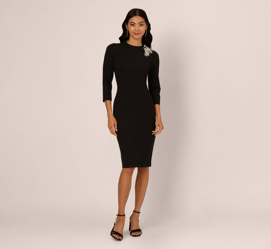 Black Crew Neck Knee-Length Crepe Cocktail Sheath Dress Embellished Shoulder Adrianna Papell AP1D106095