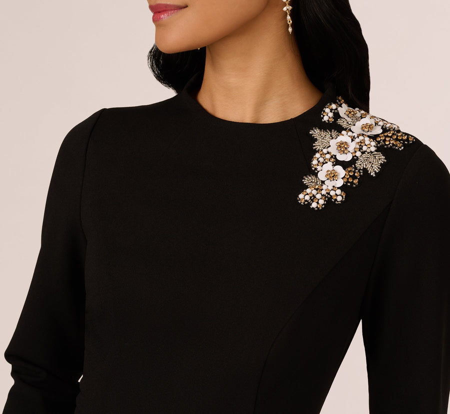 Black Crew Neck Knee-Length Crepe Cocktail Sheath Dress Embellished Shoulder Adrianna Papell AP1D106095
