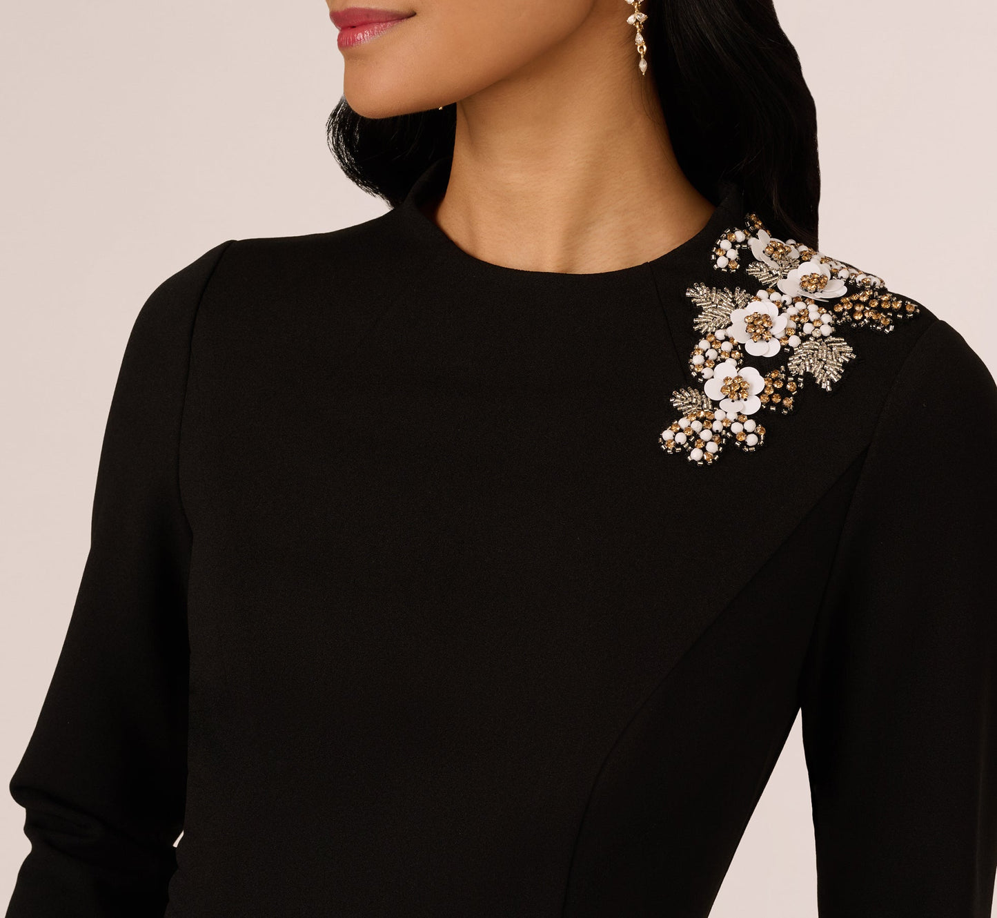 Black Crew Neck Knee-Length Crepe Cocktail Sheath Dress Embellished Shoulder Adrianna Papell AP1D106095