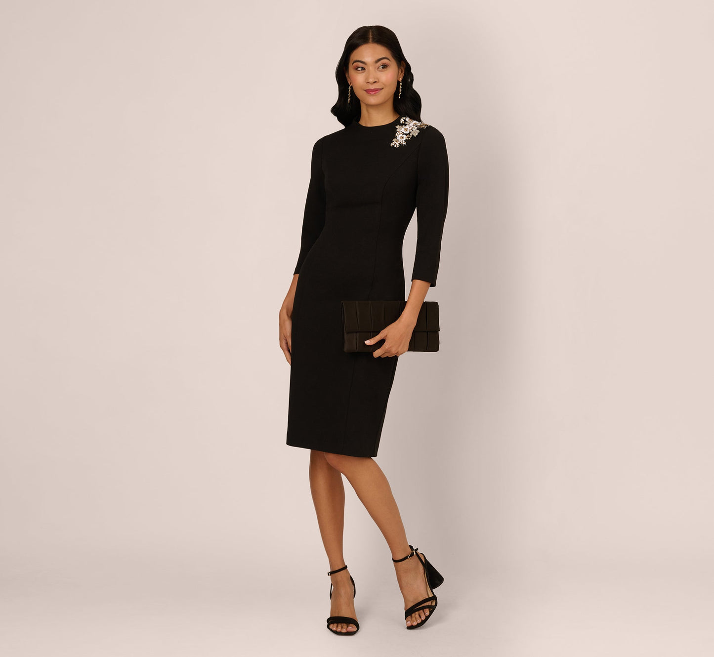 Black Crew Neck Knee-Length Crepe Cocktail Sheath Dress Embellished Shoulder Adrianna Papell AP1D106095