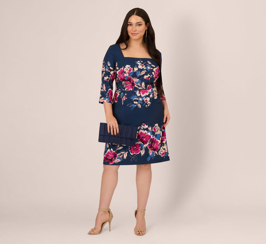 Plus Size Three Quarter Sleeve Floral Sheath Dress Adrianna Papell AP1D106145