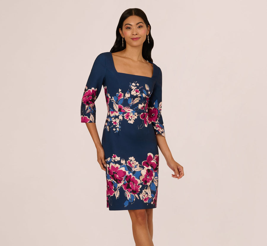 Plus Size Three Quarter Sleeve Floral Sheath Dress Adrianna Papell AP1D106145W