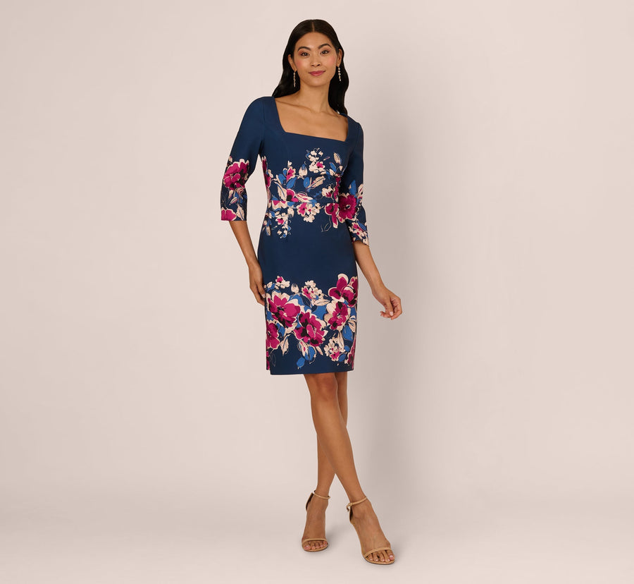 Plus Size Three Quarter Sleeve Floral Sheath Dress Adrianna Papell AP1D106145W