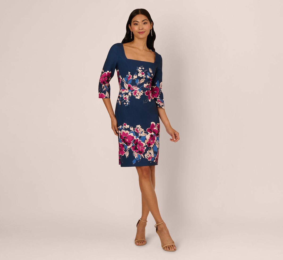 Plus Size Three Quarter Sleeve Floral Sheath Dress Adrianna Papell AP1D106145W