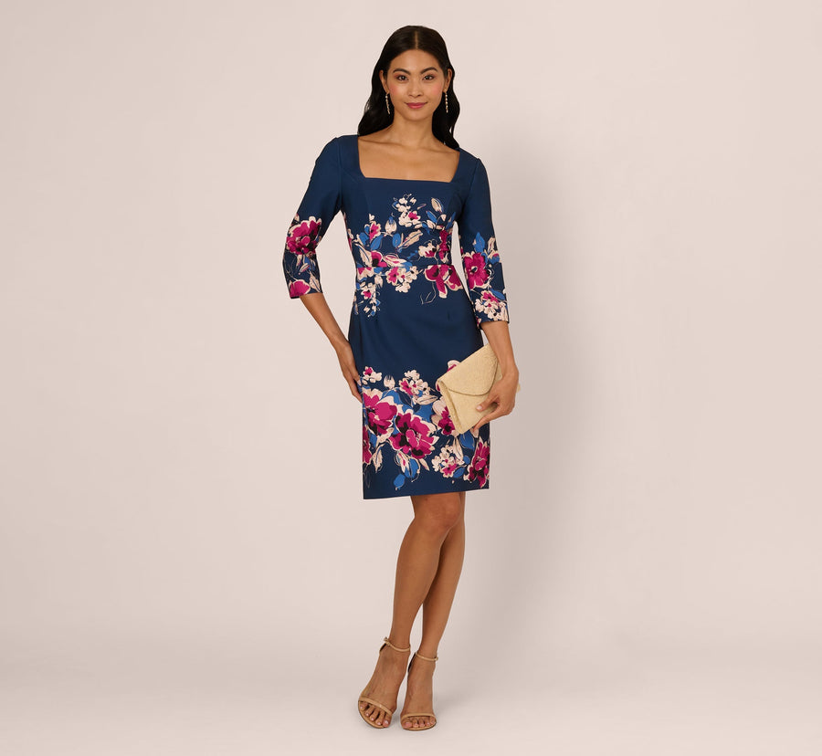 Plus Size Three Quarter Sleeve Floral Sheath Dress Adrianna Papell AP1D106145W