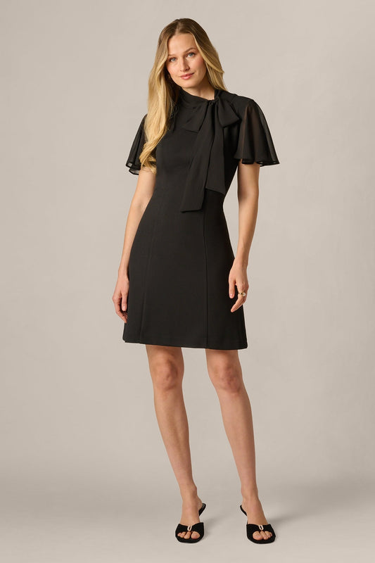 Adrianna Papell AP1D106279 black flutter sleeve tie neck stretch short dress front