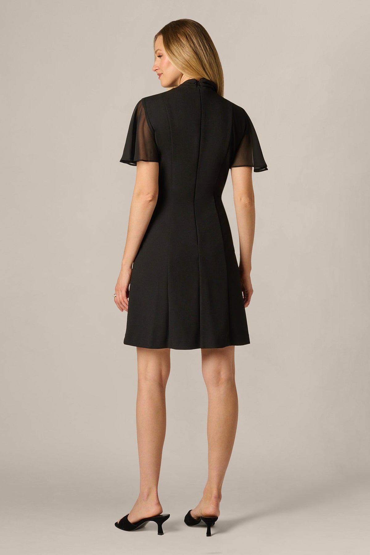 Adrianna Papell AP1D106279 black flutter sleeve tie neck stretch short dress back