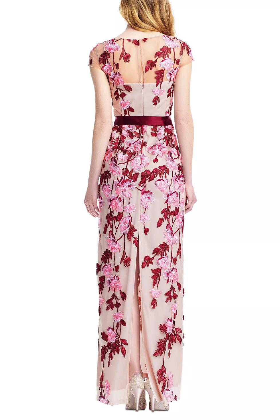 Adrianna Papell Boat Neck Cap Sleeve Tie Waist Floral Embroidered Keyhole Slit Back Embroidered Mesh Dress - MERLOT MULTI NUDE - Back 