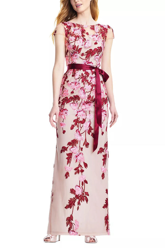 Adrianna Papell Boat Neck Cap Sleeve Tie Waist Floral Embroidered Keyhole Slit Back Embroidered Mesh Dress - MERLOT MULTI NUDE - Front 