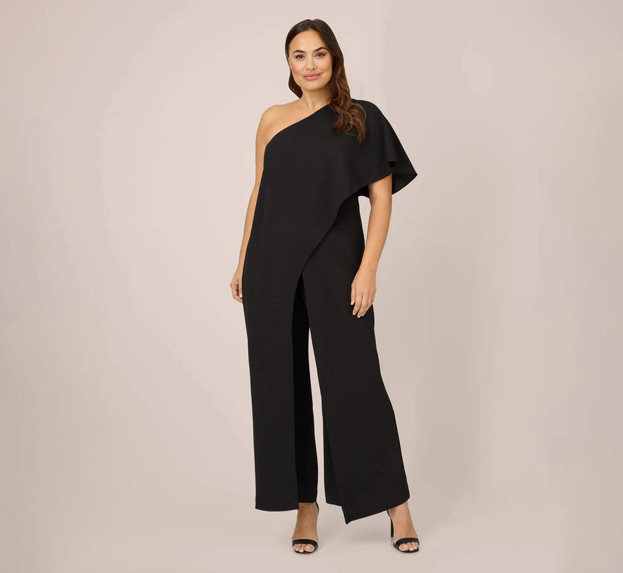 Black One Shoulder Floor Length Crepe Formal Jumpsuit with Flutter Overlay Adrianna Papell AP1E201788