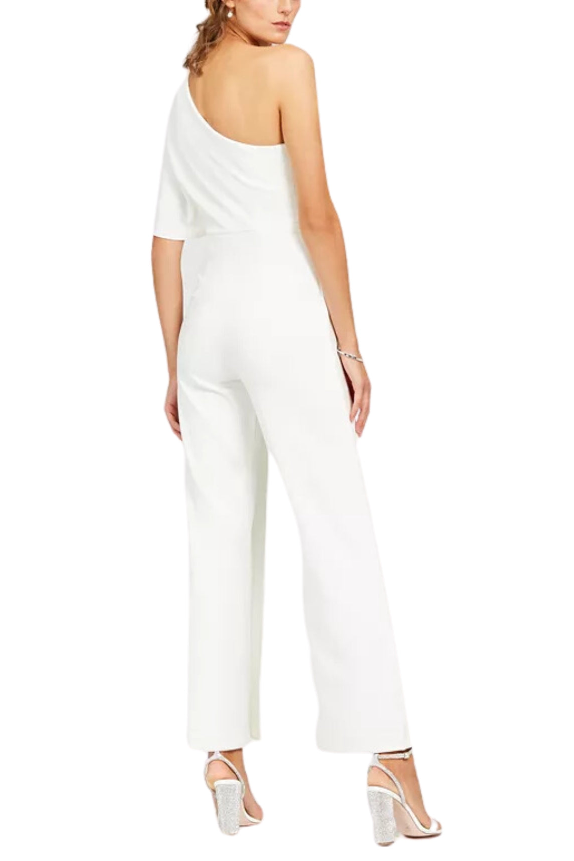 Adrianna Papell Asymmetrical One Shoulder Cape Sleeve Stretch Crepe Solid Jumpsuit