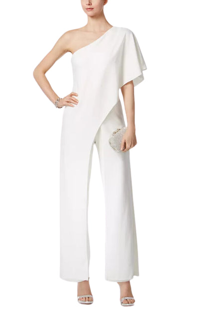 Adrianna Papell Asymmetrical One Shoulder Cape Sleeve Stretch Crepe Solid Jumpsuit