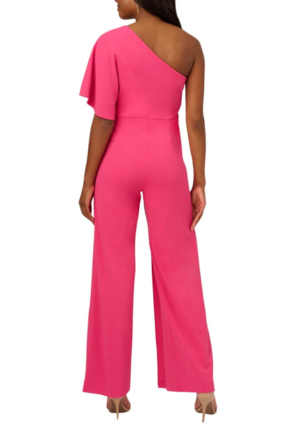 Adrianna Papell Asymmetrical One Shoulder Cape Sleeve Stretch Crepe Solid Jumpsuit - WATERMELON BLISS - BACK FULL VIEW