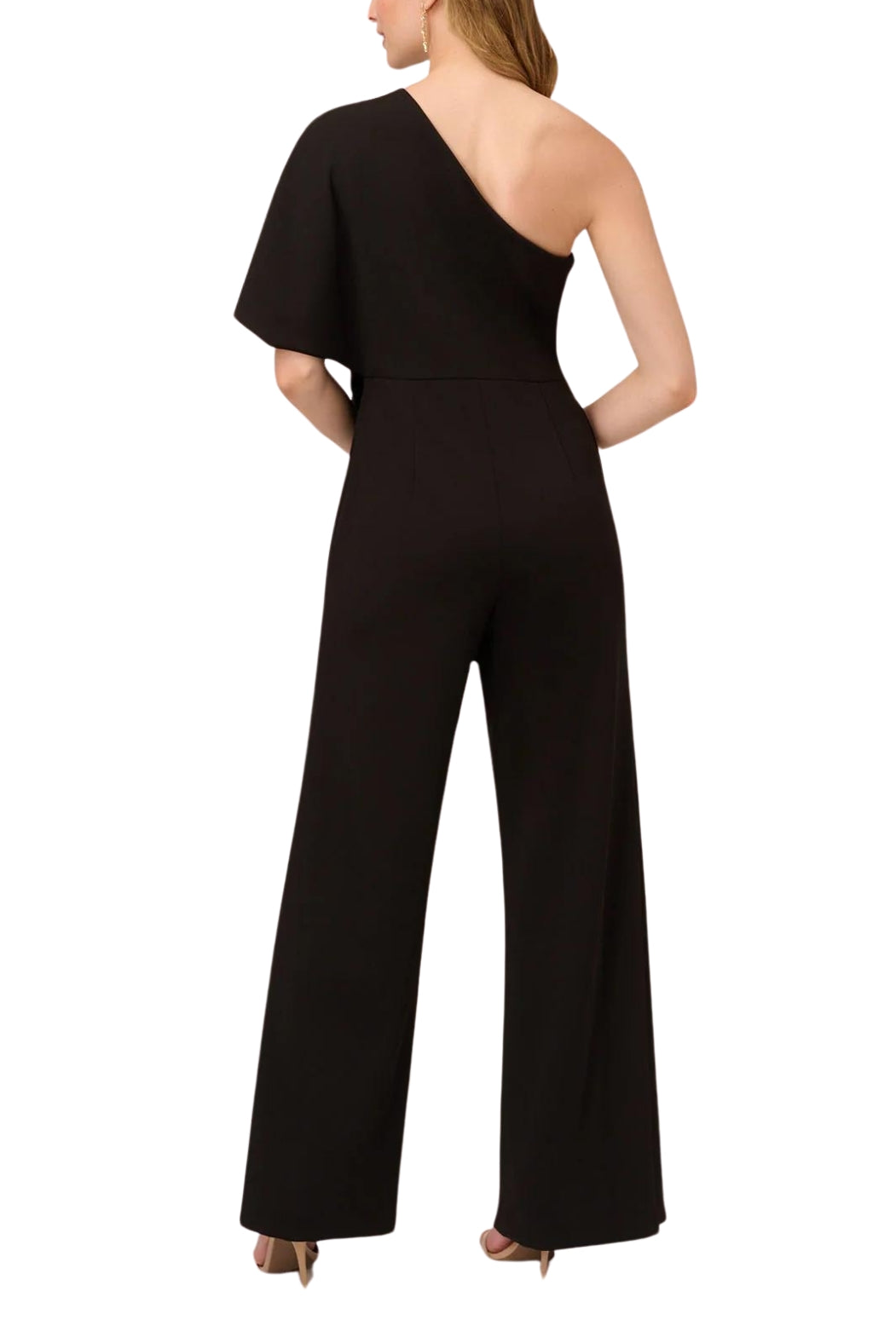 Adrianna Papell Asymmetrical One Shoulder Cape Sleeve Stretch Crepe Solid Jumpsuit - BLACK - BACK