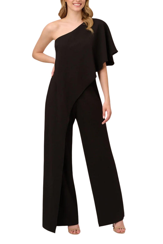 Adrianna Papell Asymmetrical One Shoulder Cape Sleeve Stretch Crepe Solid Jumpsuit - BLACK - FRONT 