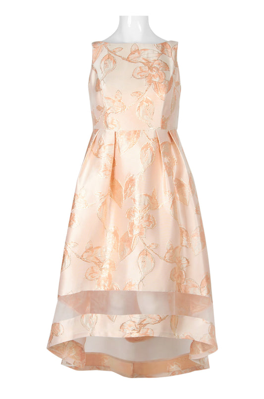 Adrianna Papell Boat Neck Sleeveless Pleated Zipper Back High Low Jacquard Dress (Plus Size) - PALE PEACH MULTI - Front