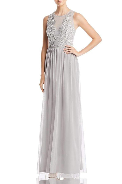 Adrianna Papell Crew Neck Sleeveless Illusion Ruched Keyhole Back Embroidered Mesh Gown