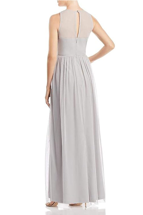 Adrianna Papell Crew Neck Sleeveless Illusion Ruched Keyhole Back Embroidered Mesh Gown