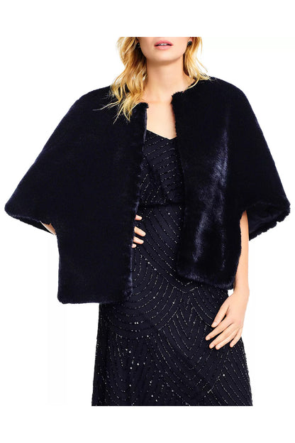 Adrianna Papell Crew Neck Open Front Cape Sleeve Faux Fur Jacket - BLACK - Front