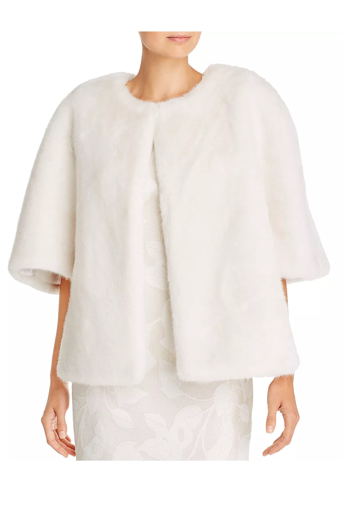 Adrianna Papell Crew Neck Open Front Cape Sleeve Faux Fur Jacket - IVORY - Front