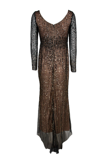 Adrianna Papell Boat Neck Long Sleeve Illusion Zipper Back Sequined Mesh Dress (Petite) - BLACK GOLD - Back 