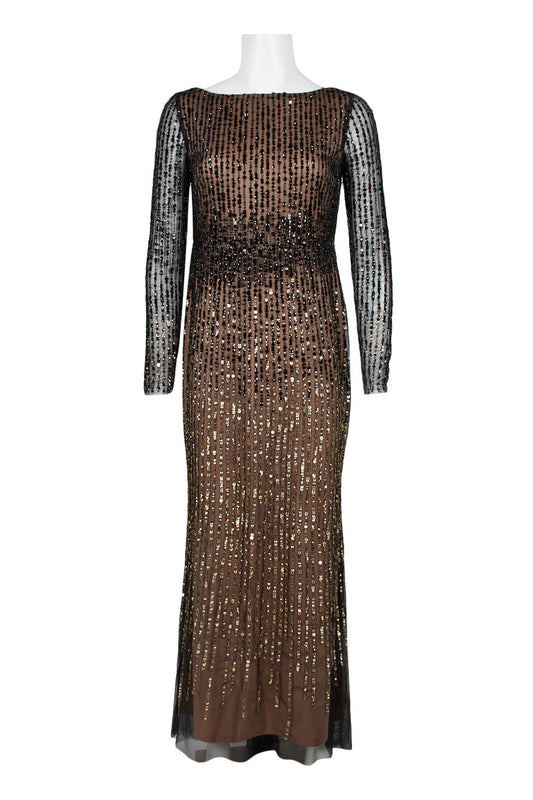 Adrianna Papell Boat Neck Long Sleeve Illusion Zipper Back Sequined Mesh Dress (Petite) - BLACK GOLD - Front 